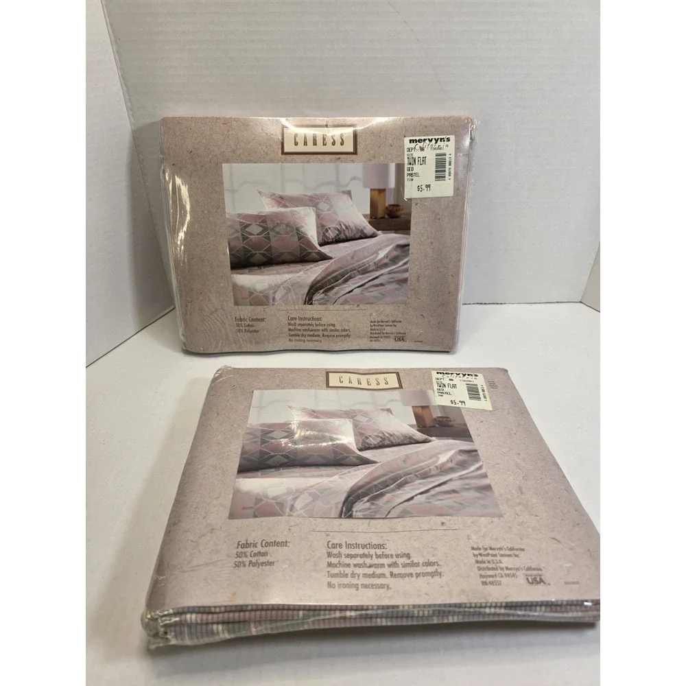 1990's Vintage Mervyns Caress Twin Flat Sheet Lot Of 2 Geometric Pastel NOS